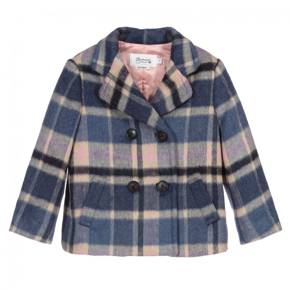 Blue and pink checked wool blend jacket by Bonpoint.
